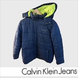 Calvin Klein Kids Navy Puffer Jacket with Lime Accents